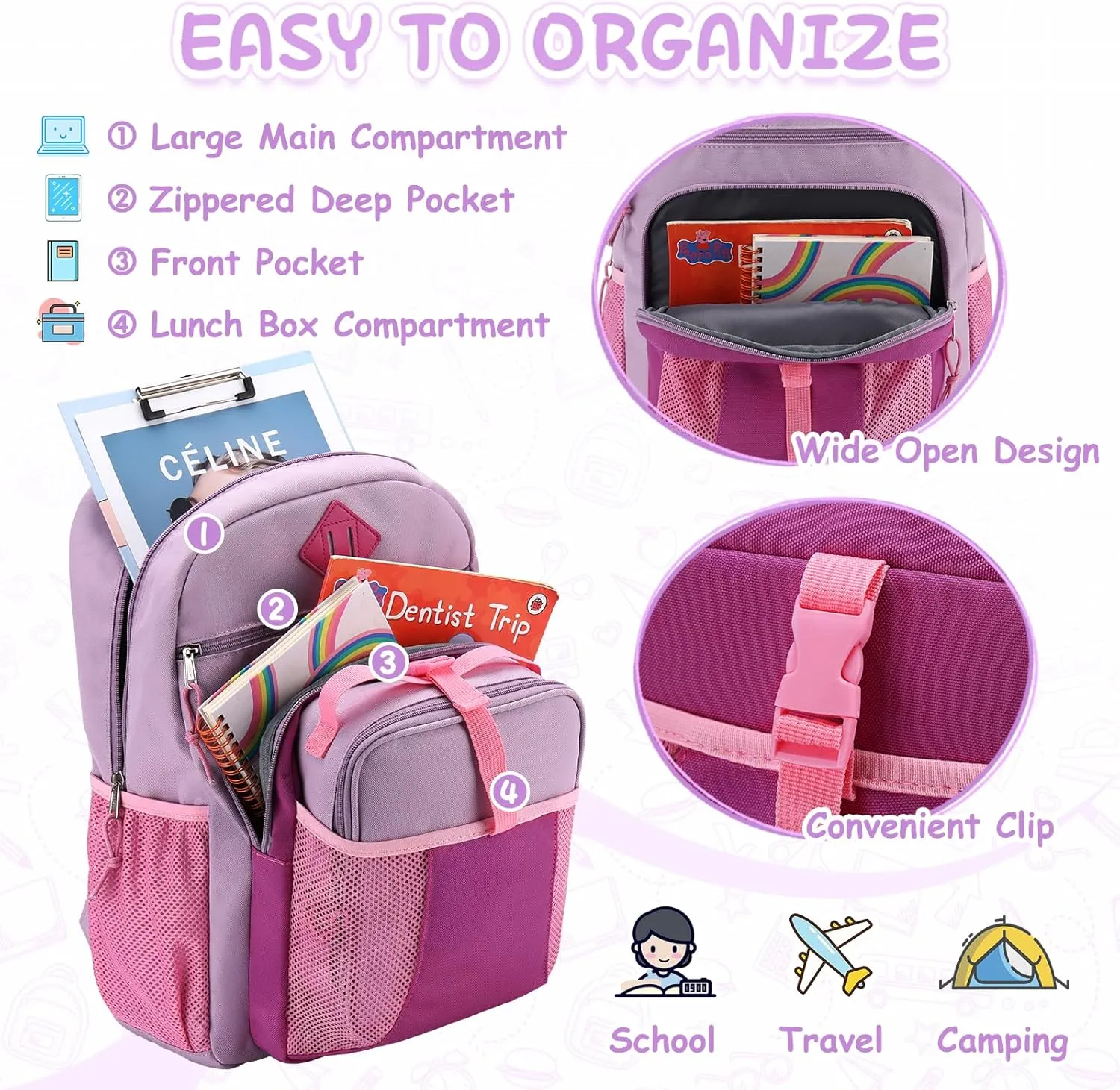 VASCHY Kids Backpack Lunch Bag Set, 2-1 School Bookbag Insulated Lunch Box for Toddlers,Preschool,Daycare,Kindergarten,Elementary School Pink
