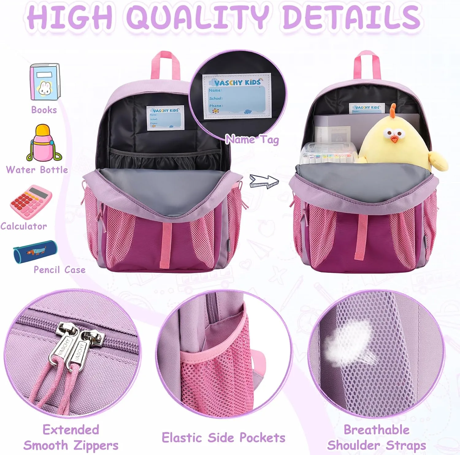 VASCHY Kids Backpack Lunch Bag Set, 2-1 School Bookbag Insulated Lunch Box for Toddlers,Preschool,Daycare,Kindergarten,Elementary School Pink