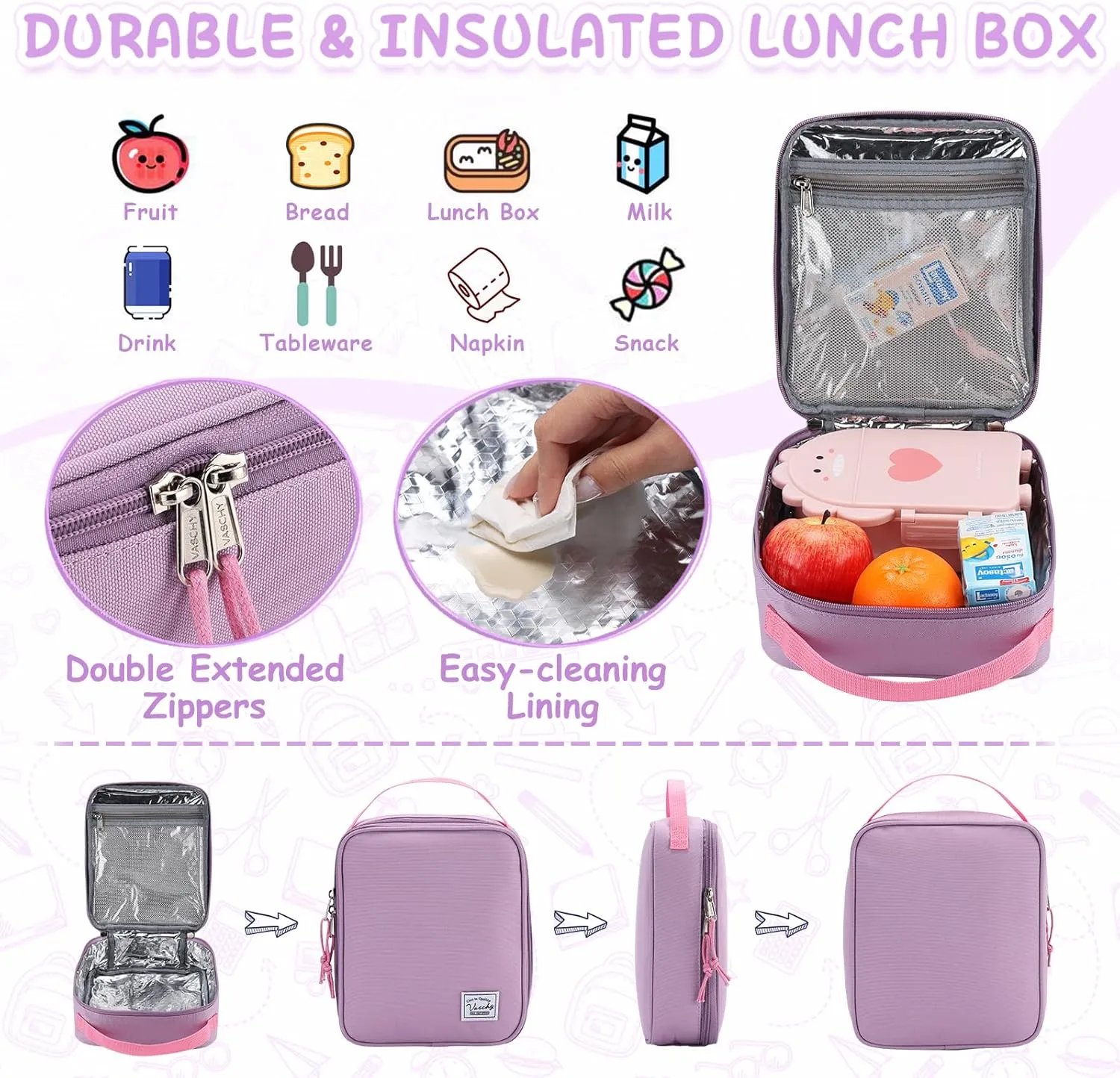 VASCHY Kids Backpack Lunch Bag Set, 2-1 School Bookbag Insulated Lunch Box for Toddlers,Preschool,Daycare,Kindergarten,Elementary School Pink