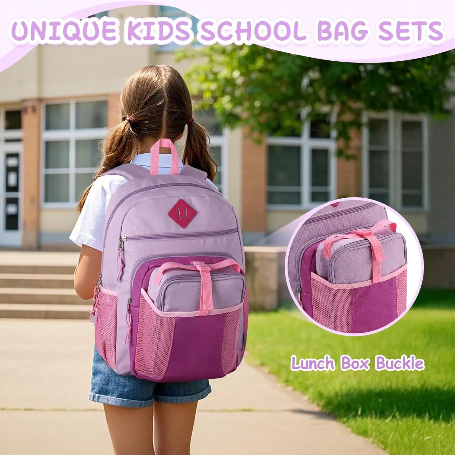 VASCHY Kids Backpack Lunch Bag Set, 2-1 School Bookbag Insulated Lunch Box for Toddlers,Preschool,Daycare,Kindergarten,Elementary School Pink