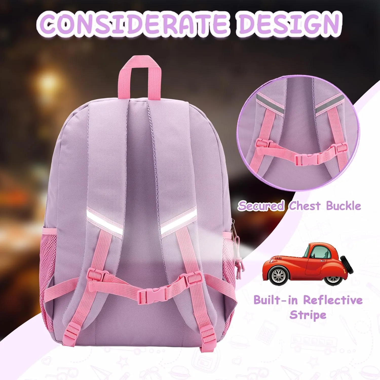 VASCHY Kids Backpack Lunch Bag Set, 2-1 School Bookbag Insulated Lunch Box for Toddlers,Preschool,Daycare,Kindergarten,Elementary School Pink