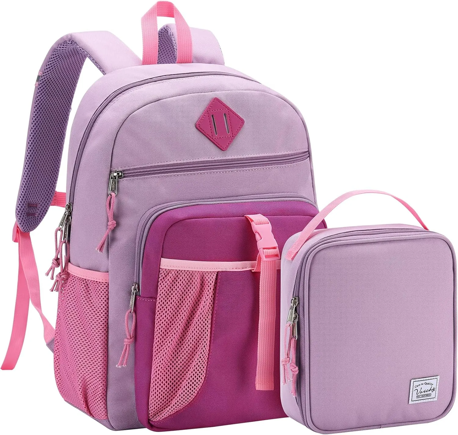VASCHY Kids Backpack Lunch Bag Set, 2-1 School Bookbag Insulated Lunch Box for Toddlers,Preschool,Daycare,Kindergarten,Elementary School Pink