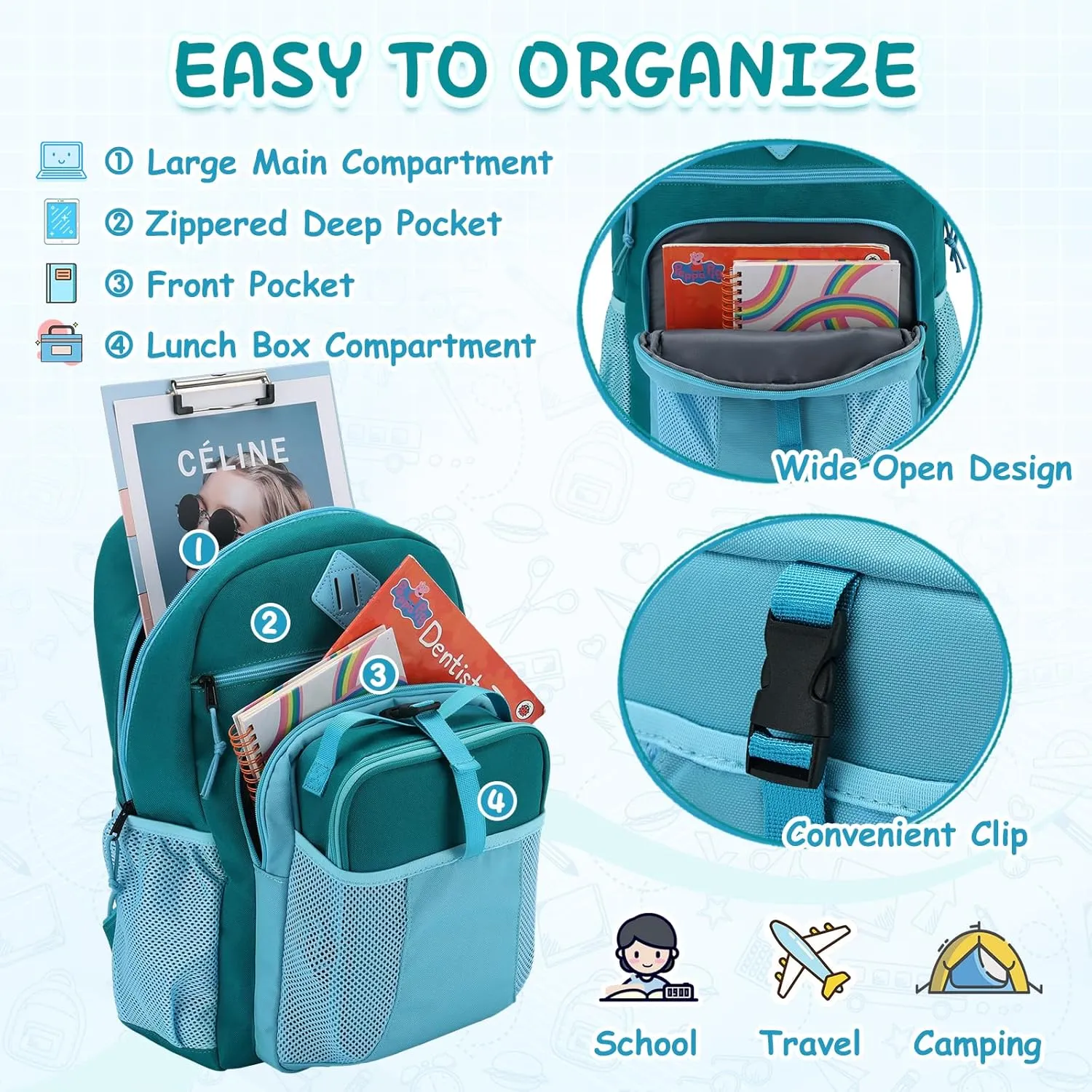 VASCHY Kids Backpack Lunch Bag Set, Girls 2-1 School Bookbag Insulated Lunch Box for Toddlers Preschool,Daycare,Kindergarten,Elementary School Green