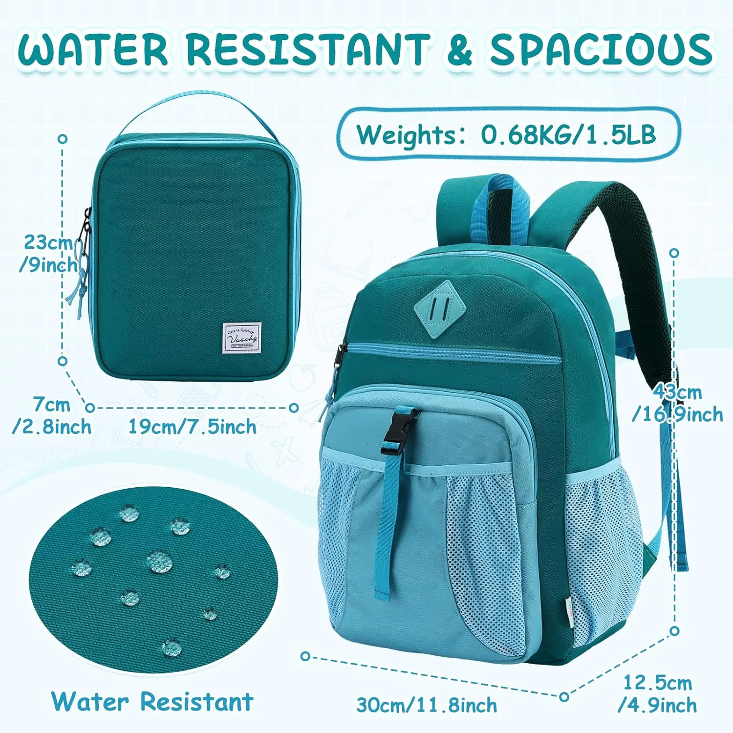 VASCHY Kids Backpack Lunch Bag Set, Girls 2-1 School Bookbag Insulated Lunch Box for Toddlers Preschool,Daycare,Kindergarten,Elementary School Green