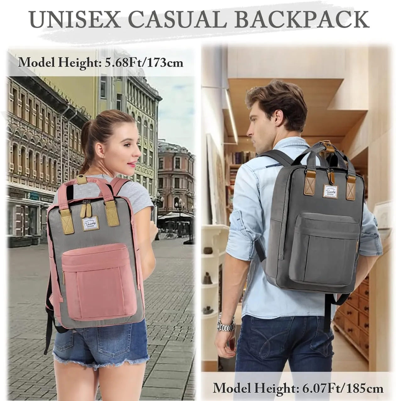 VASCHY School Backpack for Men, Travel Backpack Water Resistant College High School Computer Bag Student Bookbag, Gray