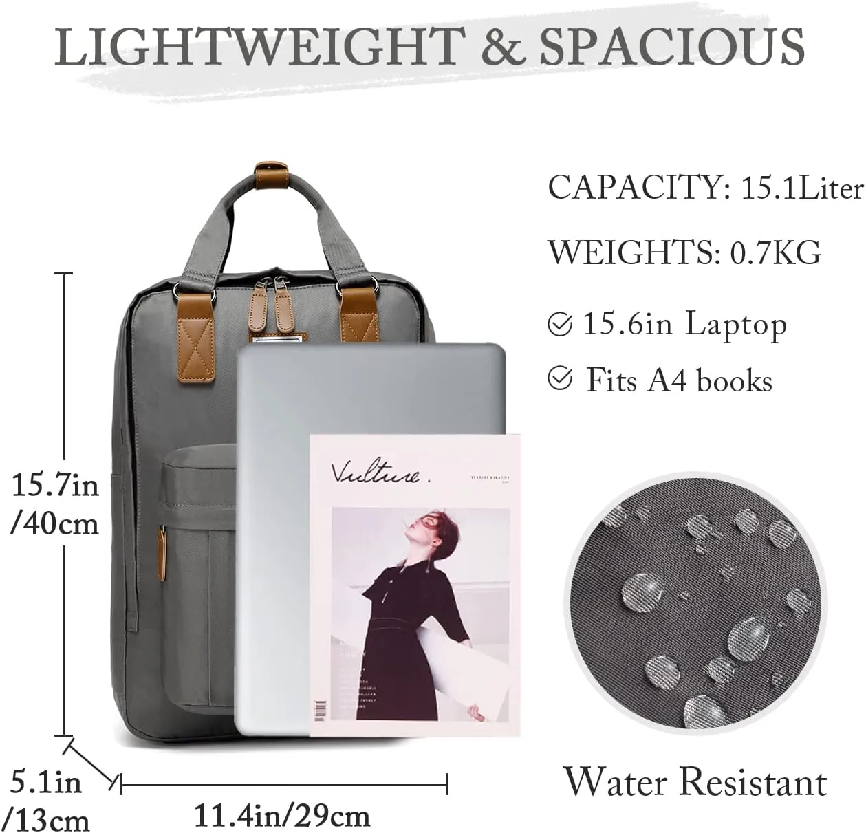 VASCHY School Backpack for Men, Travel Backpack Water Resistant College High School Computer Bag Student Bookbag, Gray