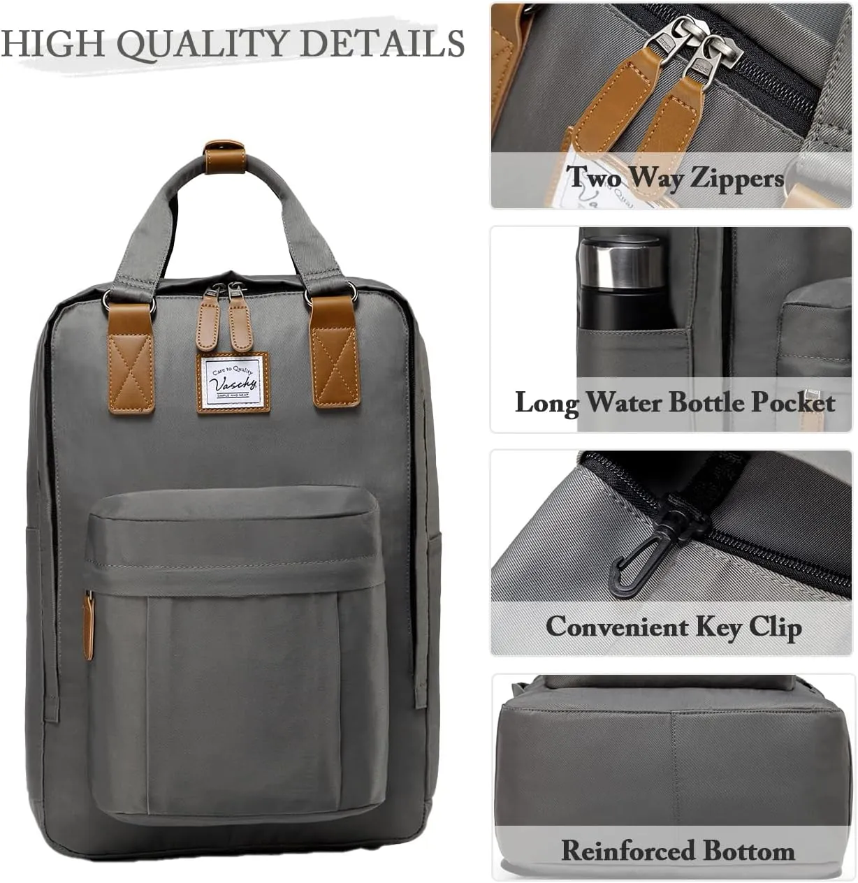 VASCHY School Backpack for Men, Travel Backpack Water Resistant College High School Computer Bag Student Bookbag, Gray