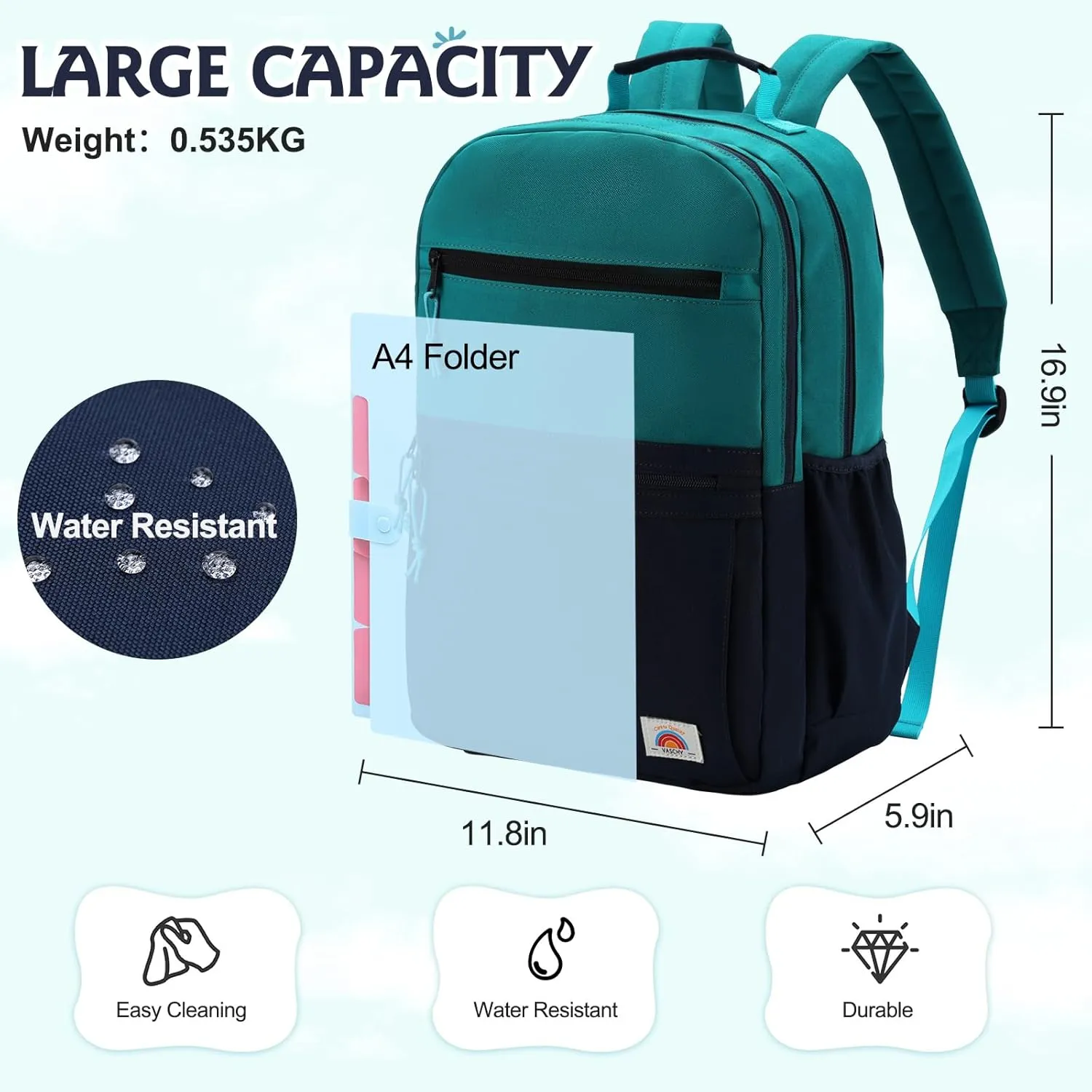 VASCHY School Backpack, Lightweight Classic Cute Aesthetic Bookbag Daypack for Teen Boys Traveling/Gym/Middle School Navy Green
