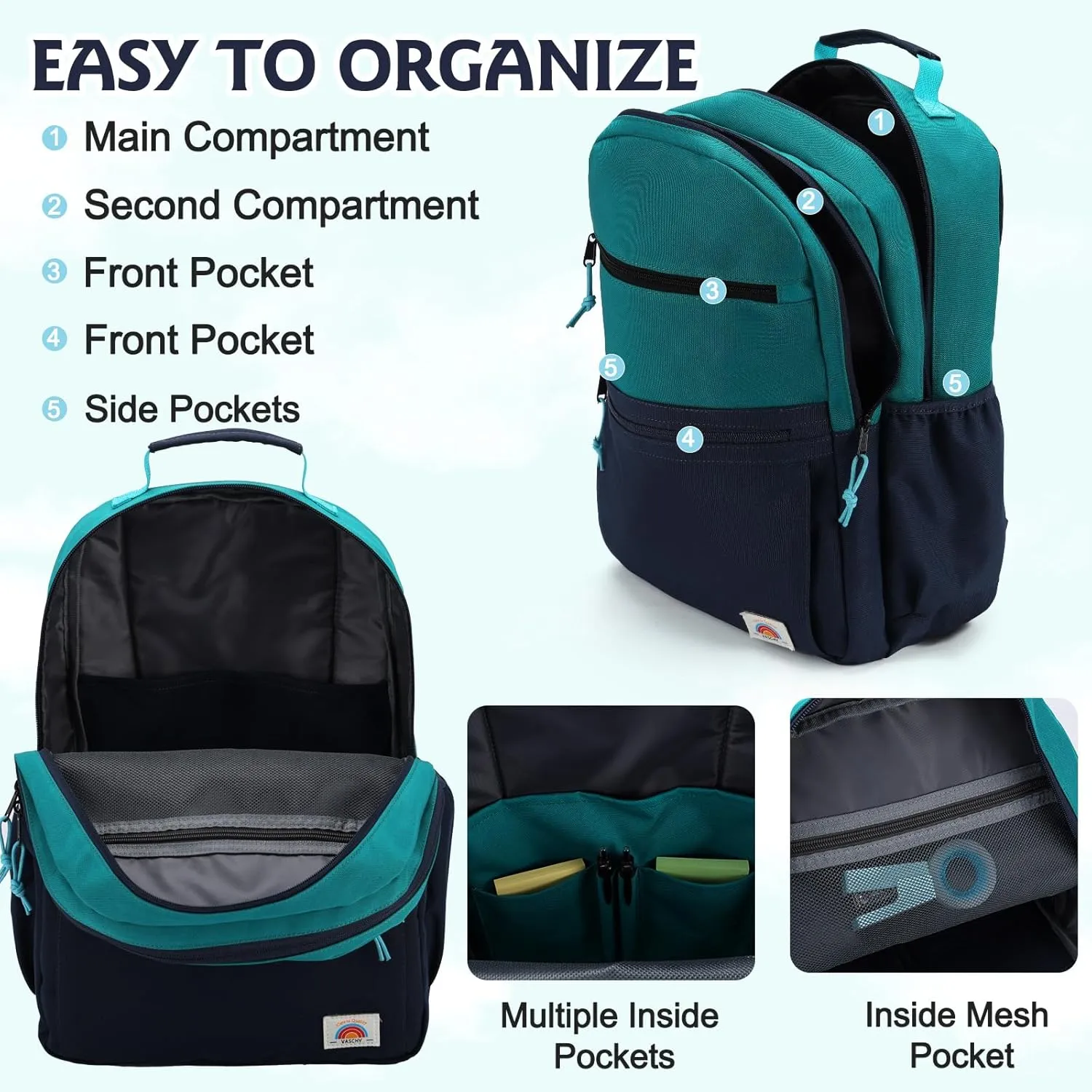 VASCHY School Backpack, Lightweight Classic Cute Aesthetic Bookbag Daypack for Teen Boys Traveling/Gym/Middle School Navy Green