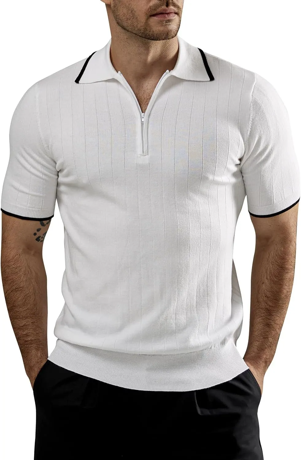 VATPAVE Mens Knit Polo Shirts Casual Short Sleeve Classic Ribbed Golf Shirt