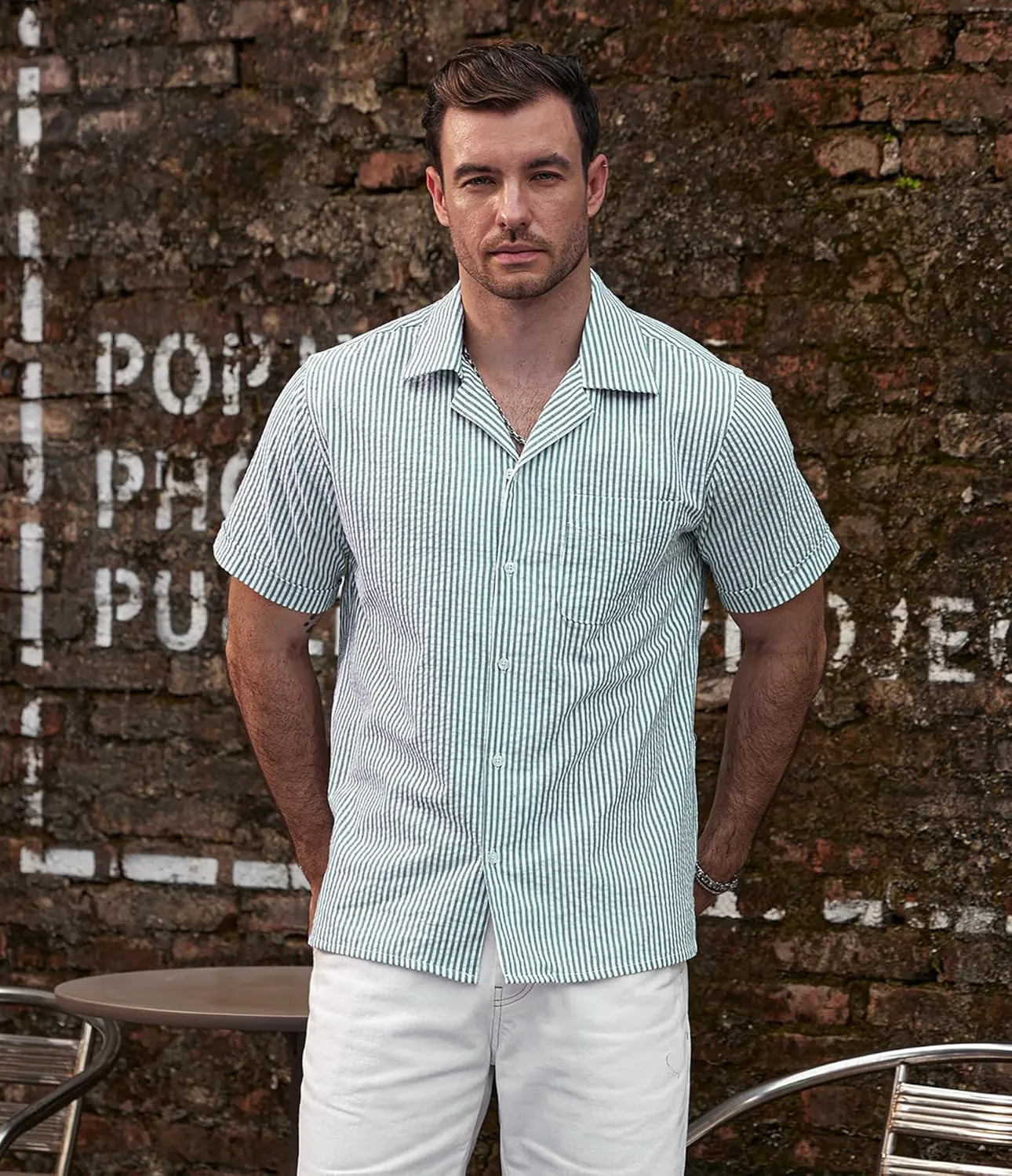VATPAVE Mens Striped Summer Shirt Casual Button Down Short Sleeve Beach Shirts Cotton Linen Shirts for Men