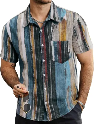 VATPAVE Mens Summer Striped Shirts Button Down Short Sleeve Vintage Beach Hawaiian Shirts with Pocket