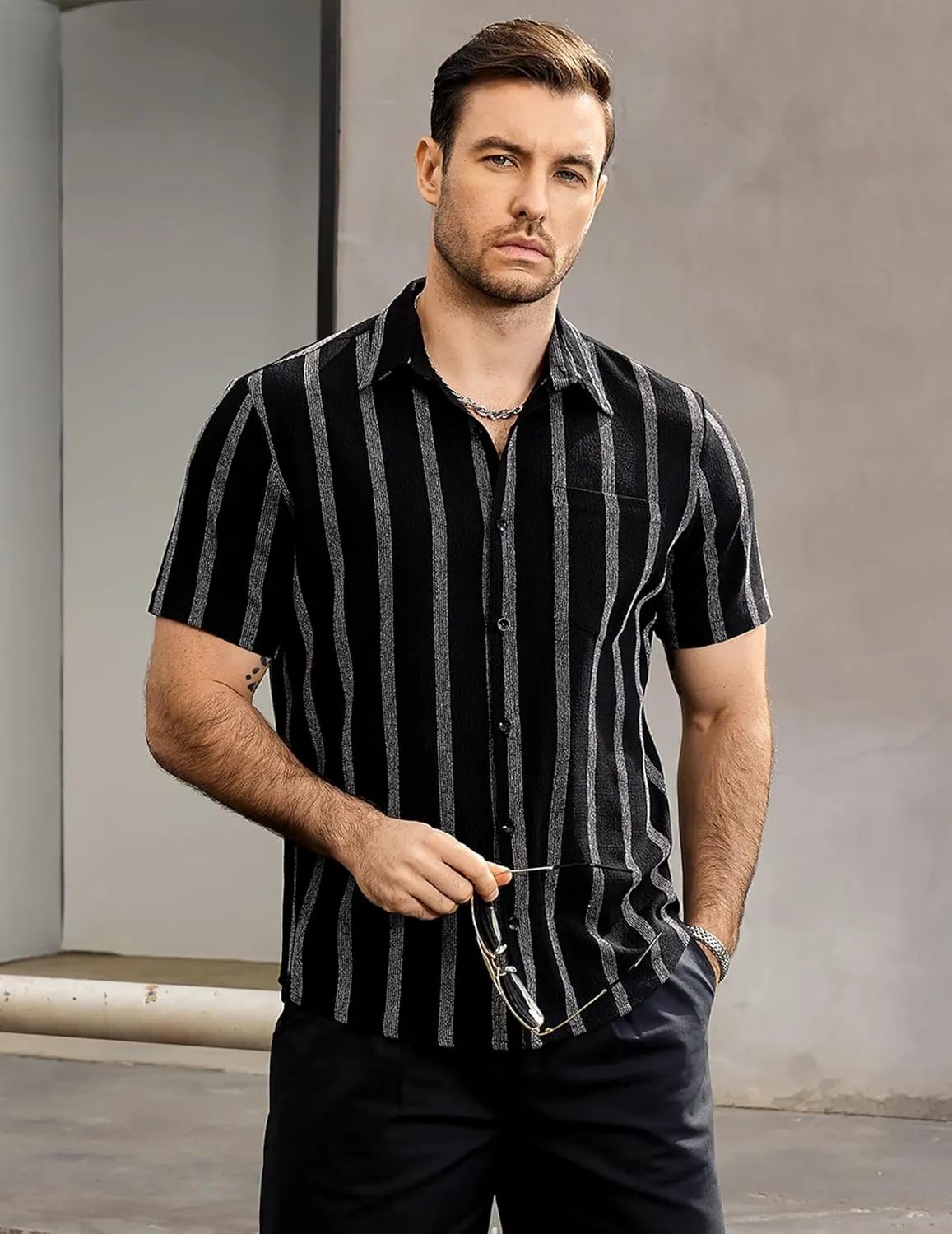 VATPAVE Mens Summer Striped Shirts Button Down Short Sleeve Vintage Beach Hawaiian Shirts with Pocket