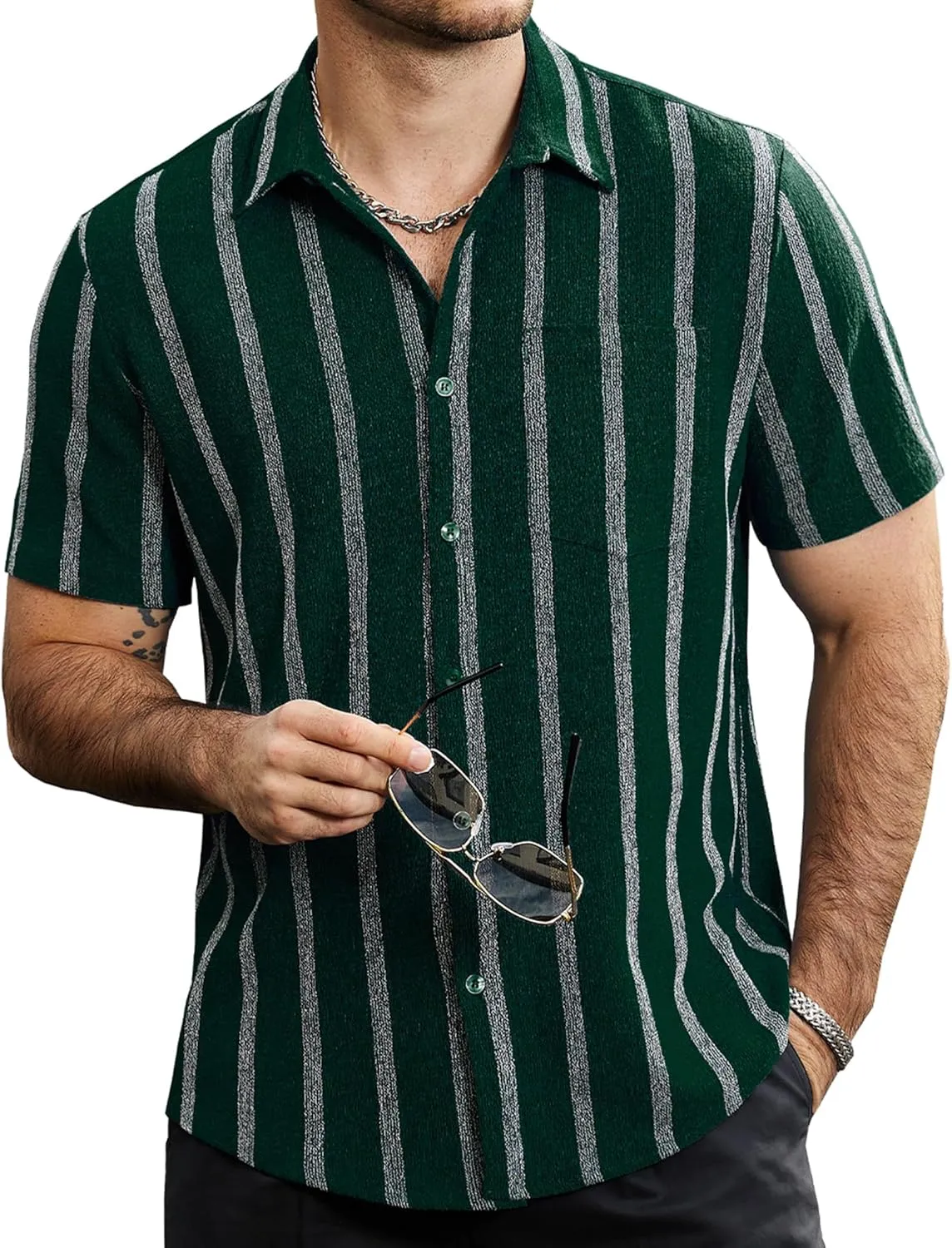 VATPAVE Mens Summer Striped Shirts Button Down Short Sleeve Vintage Beach Hawaiian Shirts with Pocket