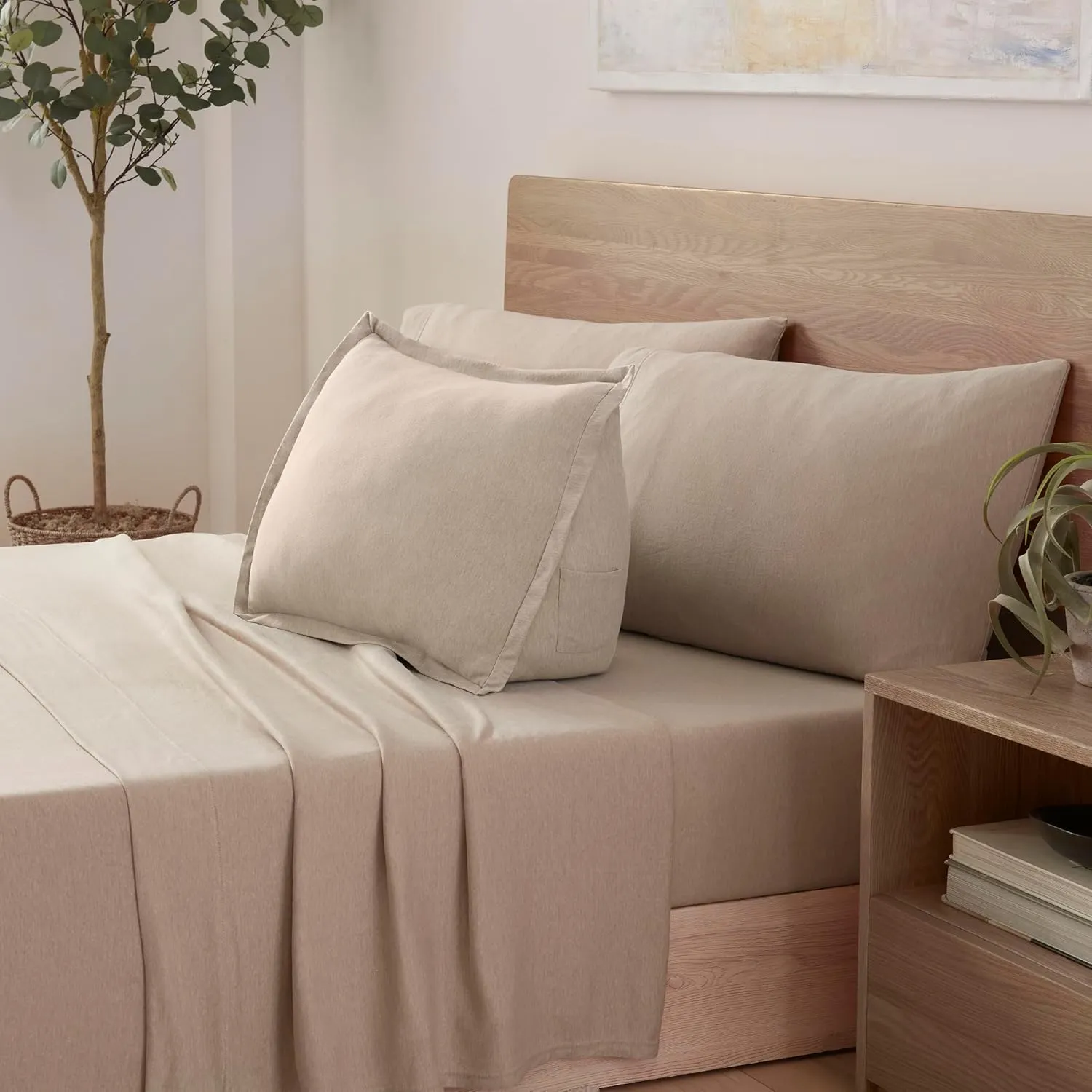 Vellux Heathered Jersey Knit Wedge Pillow (20" x15”x8”) Bed Reading Pillows - Ultra-Soft & Cozy T-Shirt- Throw Pillow with Pocket - Back Rest for Back Support - for Sitting in Bed (Taupe)