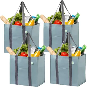 VENO 4 Pack Reusable Grocery Bags, Heavy-Duty Shopping Bags with Handles, Bags for Shopping Cart with Hard Bottom to Stand Upright, Foldable, Multi-Purpose(Light Blue, 4 Pack)