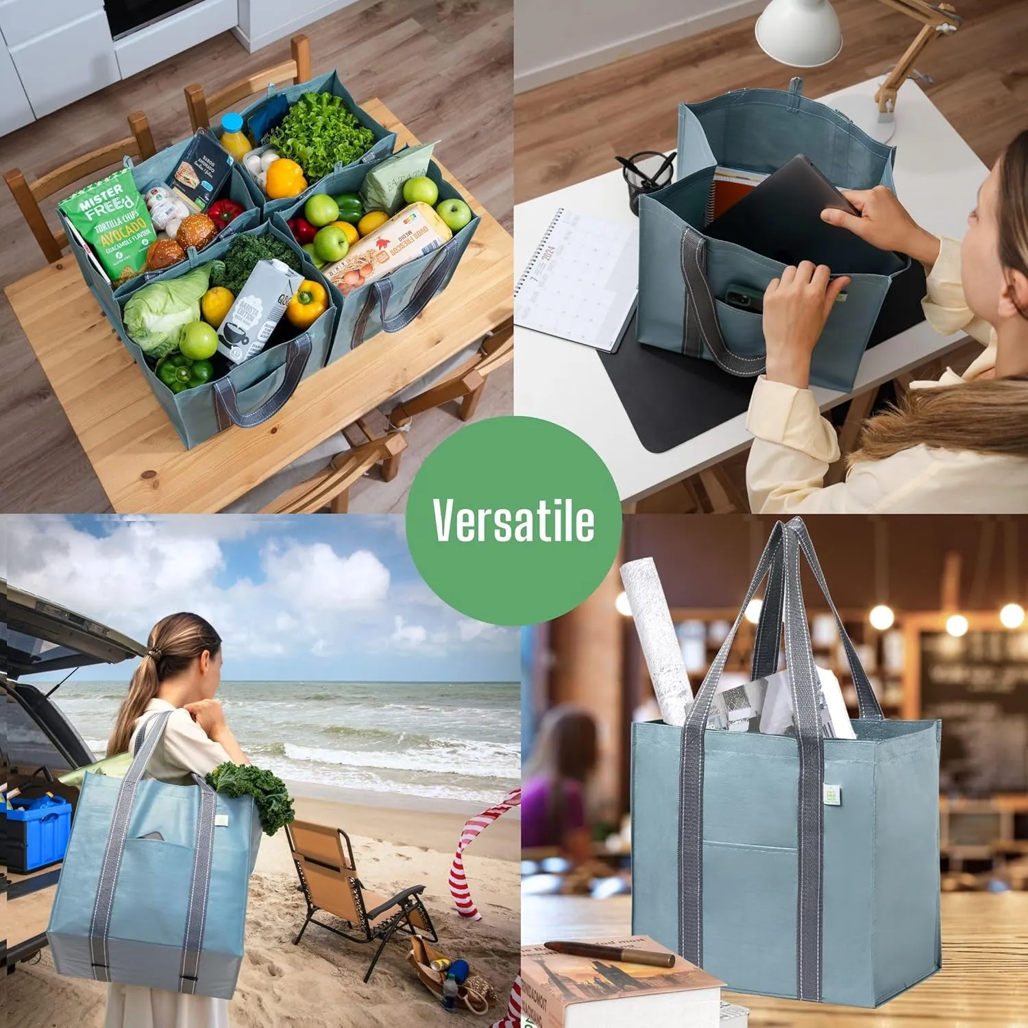 VENO 4 Pack Reusable Grocery Bags, Heavy-Duty Shopping Bags with Handles, Bags for Shopping Cart with Hard Bottom to Stand Upright, Foldable, Multi-Purpose(Light Blue, 4 Pack)