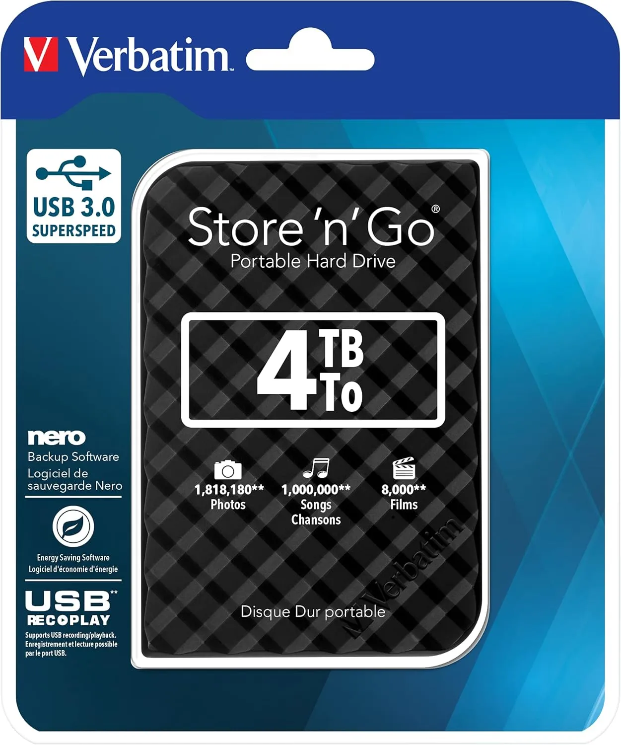 Verbatim 53223 4TB Store 'n' Go USB 3.0 Portable Hard Drive - Black
