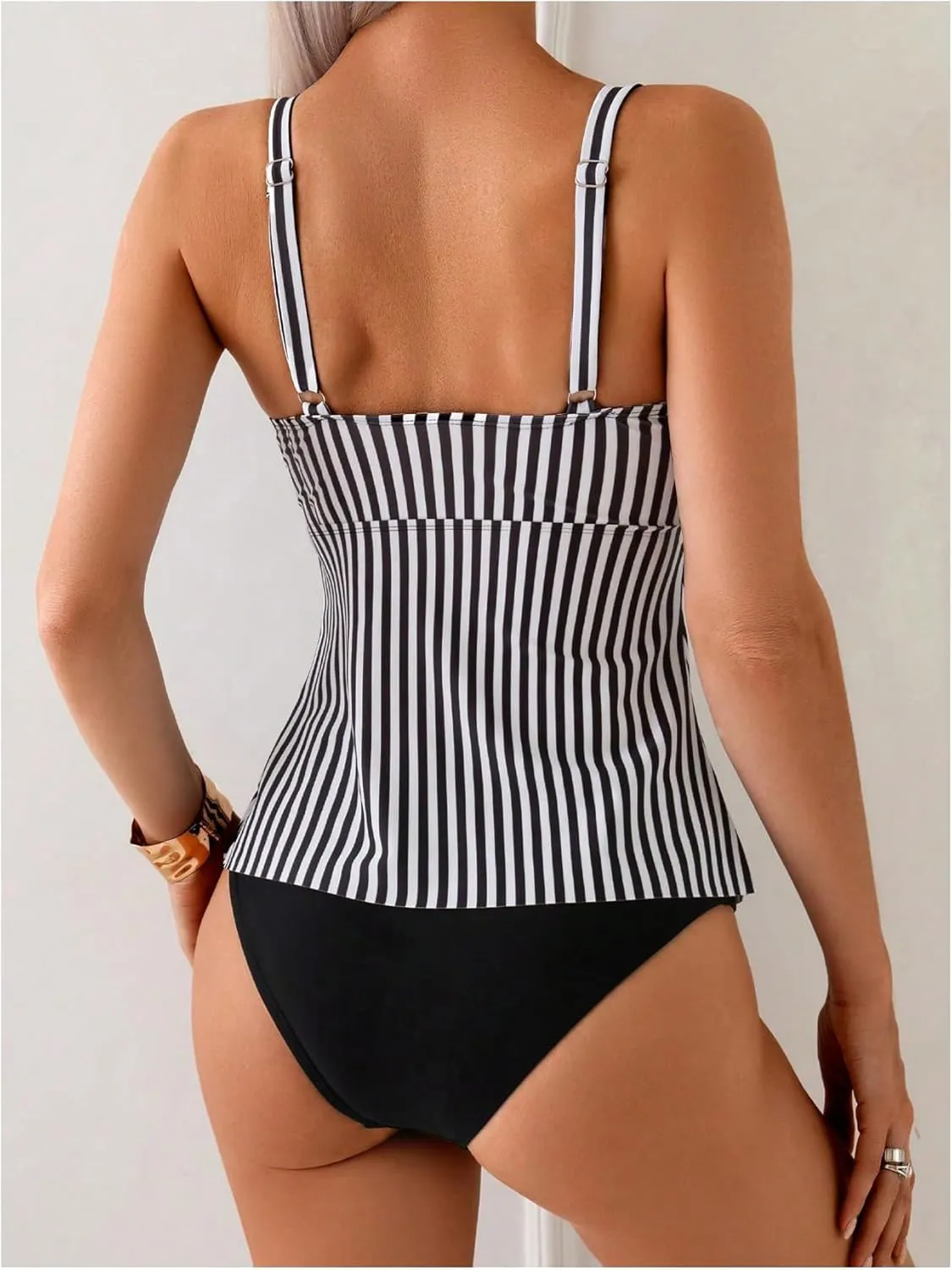 Verdusa Women's 2 Piece Striped Tankini Swimsuits Twist V Neck Camisole Tops with Bottom Bathing Suits