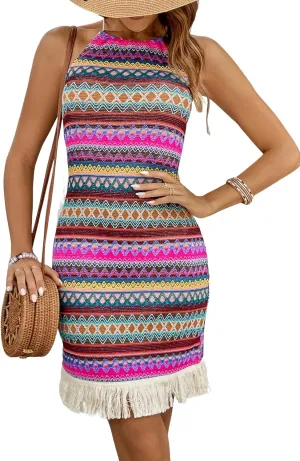 Verdusa Women's Sleeveless Halter Neck Striped Chevron Print Fringe Hem Boho Cami Mini Dress