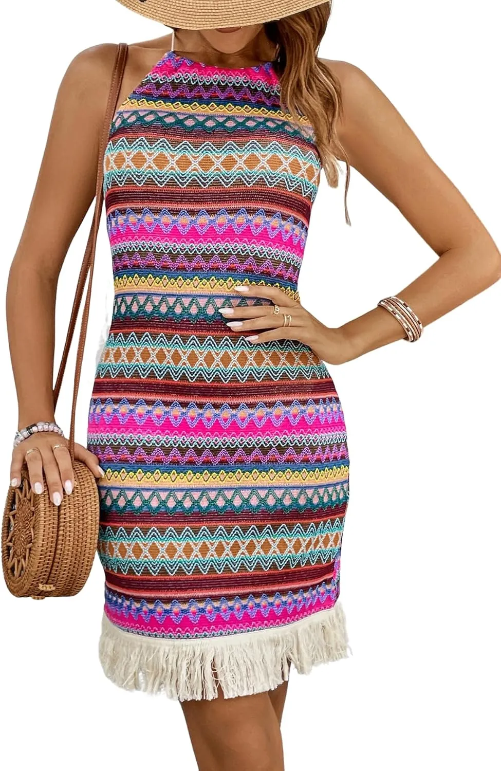 Verdusa Women's Sleeveless Halter Neck Striped Chevron Print Fringe Hem Boho Cami Mini Dress