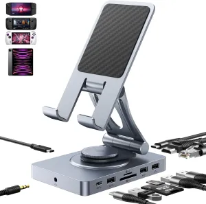 Versatile USB C Docking Station for iPad, 11-in-1 with SD TF 4.0 Reader, 4K@60Hz HDMI, RJ45, Audio, USB A, USB C, Rotatable Dock, for Tablet, Steam Deck, ROG Ally, Legion Go, Msi Claw, Samsung, etc