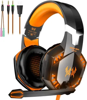 VersionTECH. G2000 Gaming Headset, Bass Surround Gaming Headphones with Noise Cancelling Mic, LED Lights, Soft Memory Earmuffs for PS5/ PS4/ Xbox One Controller/Laptop/PC/Mac/Nintendo NES Games-Yellow