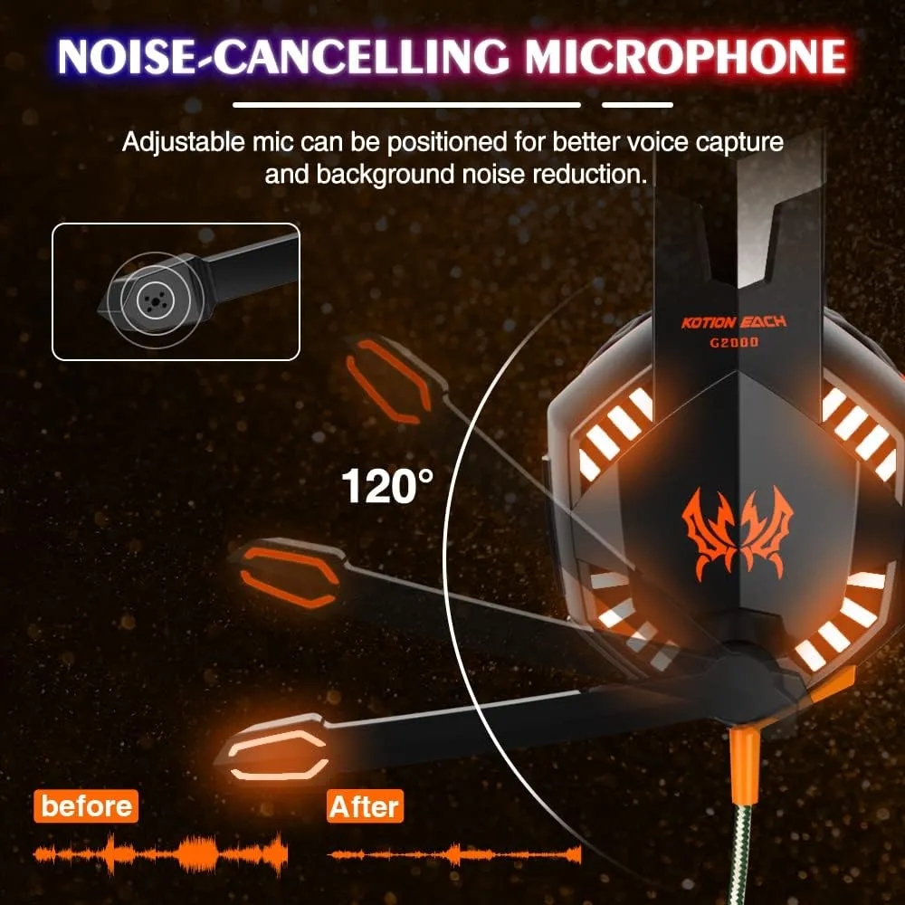 VersionTECH. G2000 Gaming Headset, Bass Surround Gaming Headphones with Noise Cancelling Mic, LED Lights, Soft Memory Earmuffs for PS5/ PS4/ Xbox One Controller/Laptop/PC/Mac/Nintendo NES Games-Yellow