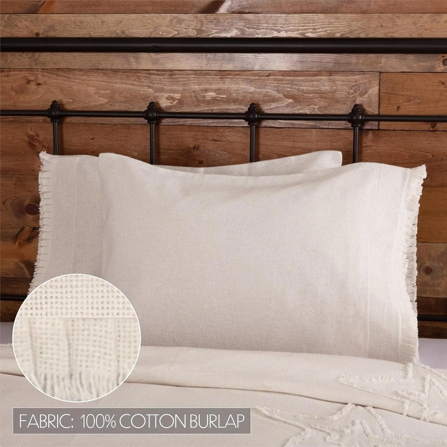 VHC Brands Burlap Pillow Covers - Farmhouse Shams Set w/Soft Cotton Ruffled Fringe - Antique Off -White Pillow Case Set of 2, Standard