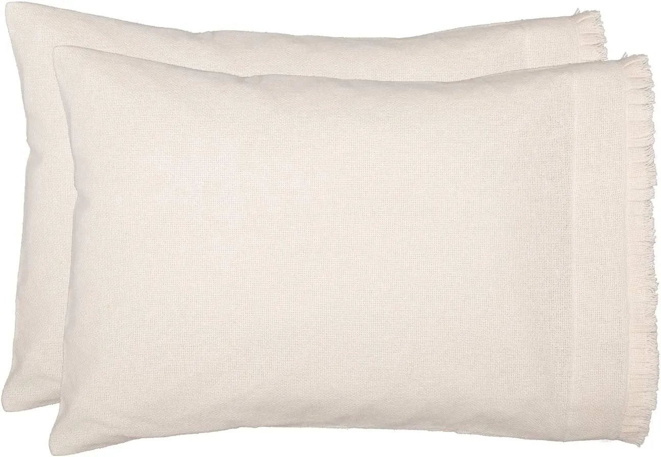 VHC Brands Burlap Pillow Covers - Farmhouse Shams Set w/Soft Cotton Ruffled Fringe - Antique Off -White Pillow Case Set of 2, Standard