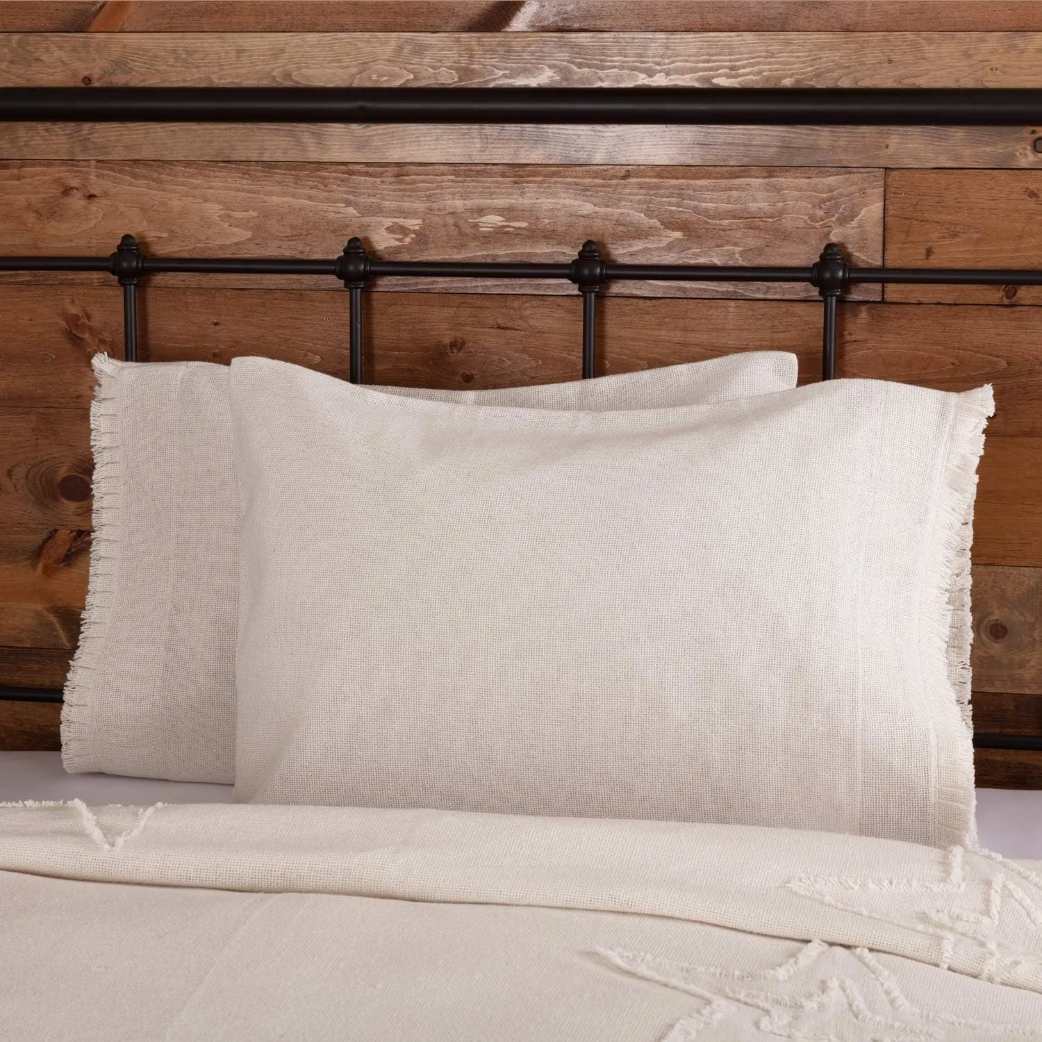 VHC Brands Burlap Pillow Covers - Farmhouse Shams Set w/Soft Cotton Ruffled Fringe - Antique Off -White Pillow Case Set of 2, Standard