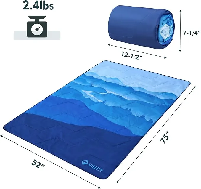 VILLEY Picnic Blanket, 3-Layer Camping Blanket 52"x75", Machine Washable, Water Repellent and Sandproof, Packable and Portable for Camping, Travel, Park, Beach and Indoor Use