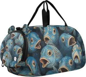 Vintage Fish Duffle Bag for Toddler Boys Girls, Gym Sports Bag with Shoe Compartments, Kids Travel Overnight Weekender Shoulder Bag