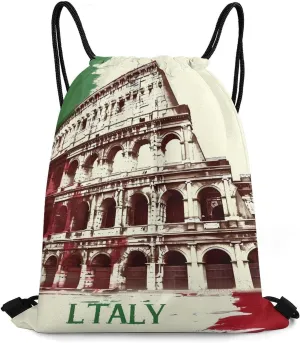 Vintage Roman Colosseums Italian Flag Drawstring Backpack Durable String Bag Sports Sackpack Cinch Bags for Gym Travel