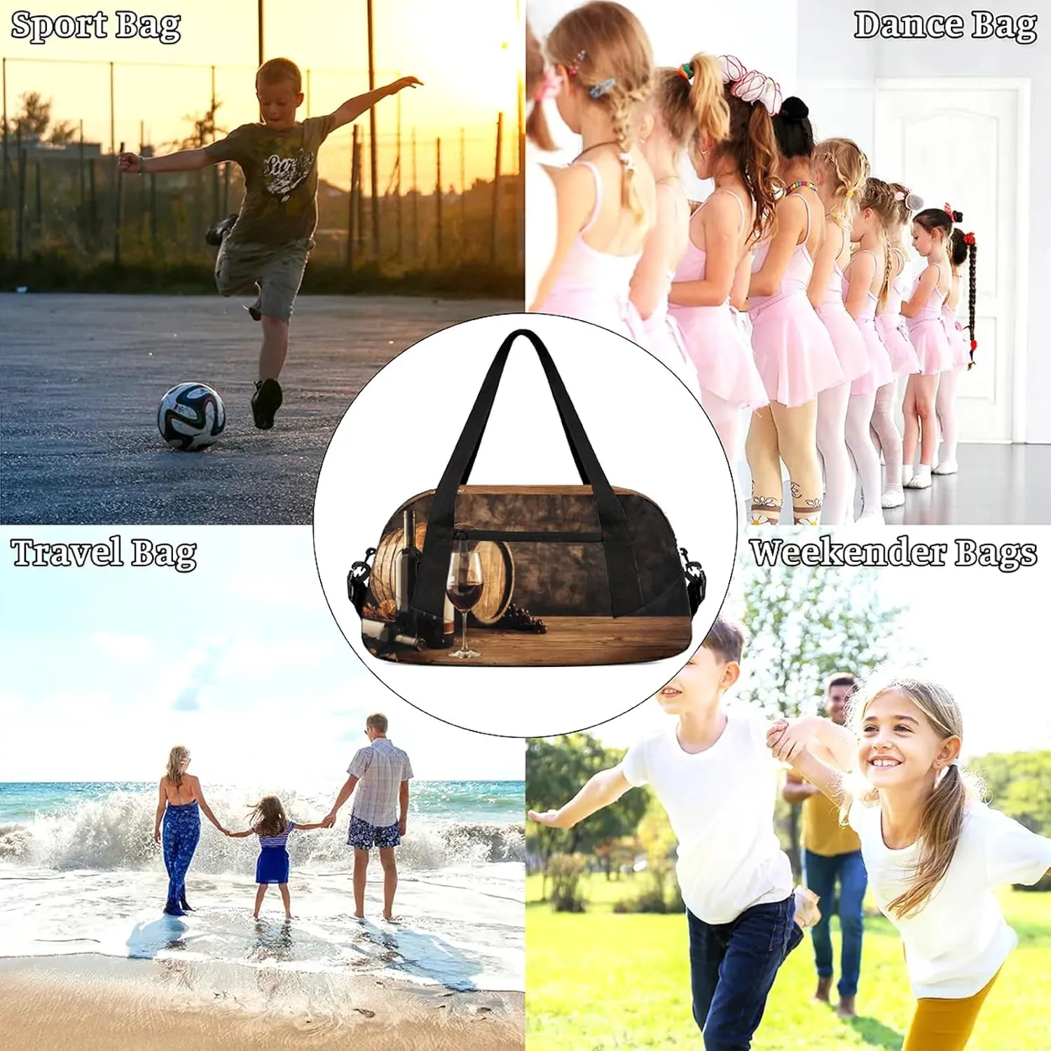 Vintage Wine And Ripe Grapes Kids Duffel Bag Lightweight Waterproof Sports Gym Bag with Front Zipper Pocket Foldable Weekender Overnight Bag for School Practice Gymnastic Ballet
