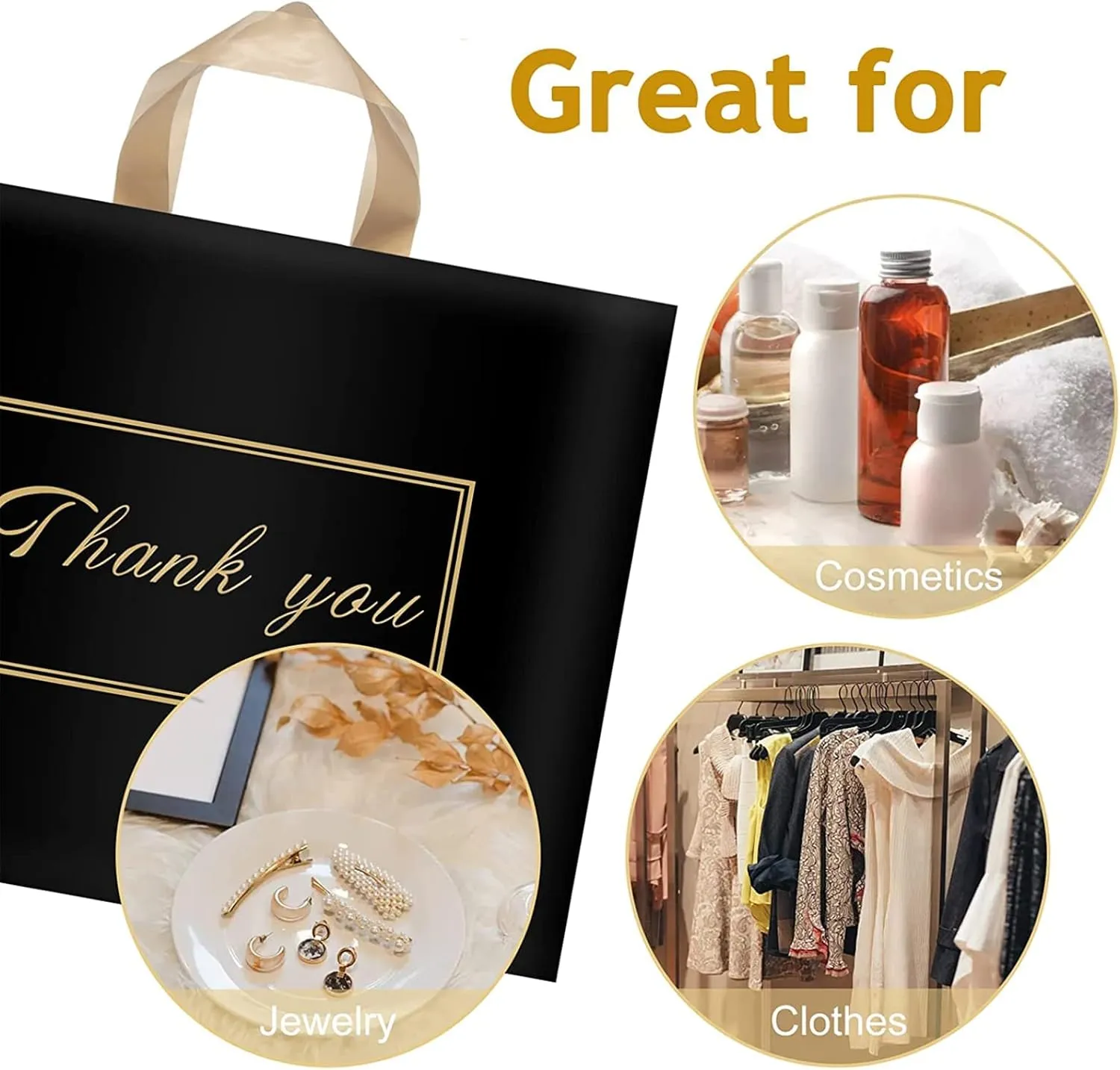 WAKAKO 60 Pack Thank You Bags Shopping Bags, 16x18 Inch Thank You Gift Bags with Handle for Small Business,Bulk Reusable Plastic Shopping Bags for Boutique, Black
