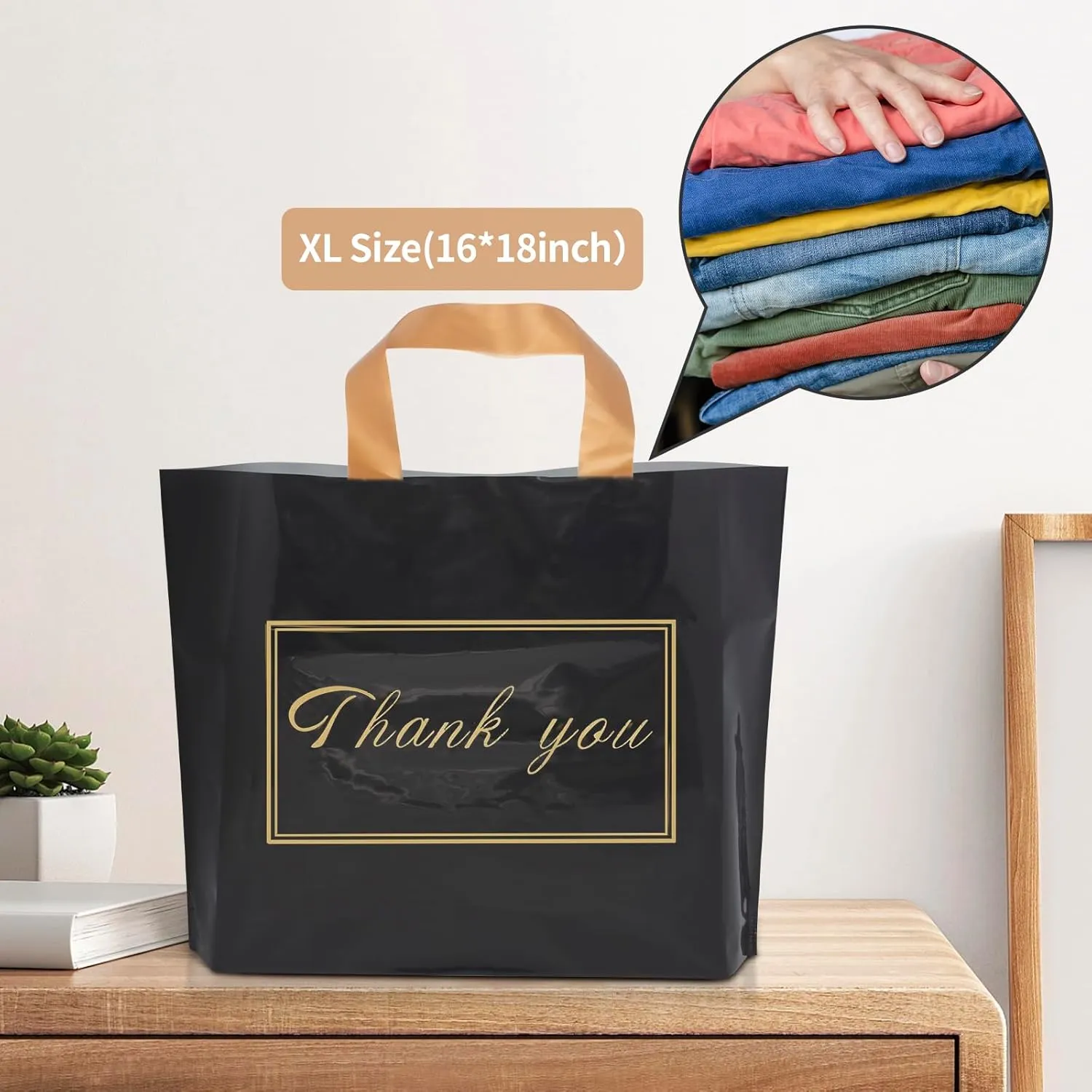 WAKAKO 60 Pack Thank You Bags Shopping Bags, 16x18 Inch Thank You Gift Bags with Handle for Small Business,Bulk Reusable Plastic Shopping Bags for Boutique, Black