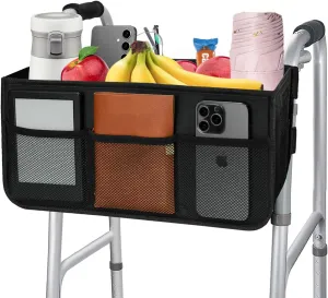 Walker Basket Folding Walker Bag with Cup Holder and Storage Pockets, Large Capacity Organizer for Seniors (Not Fit for Rollator Walkers)