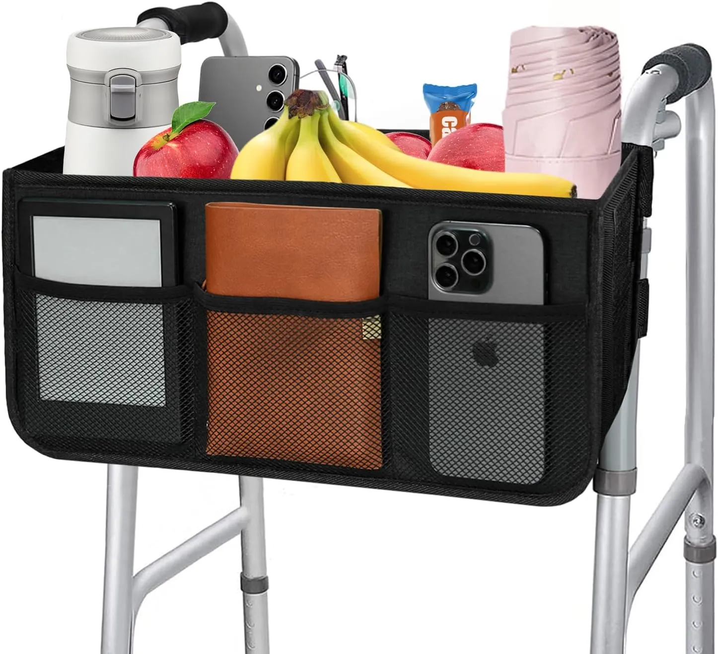 Walker Basket Folding Walker Bag with Cup Holder and Storage Pockets, Large Capacity Organizer for Seniors (Not Fit for Rollator Walkers)