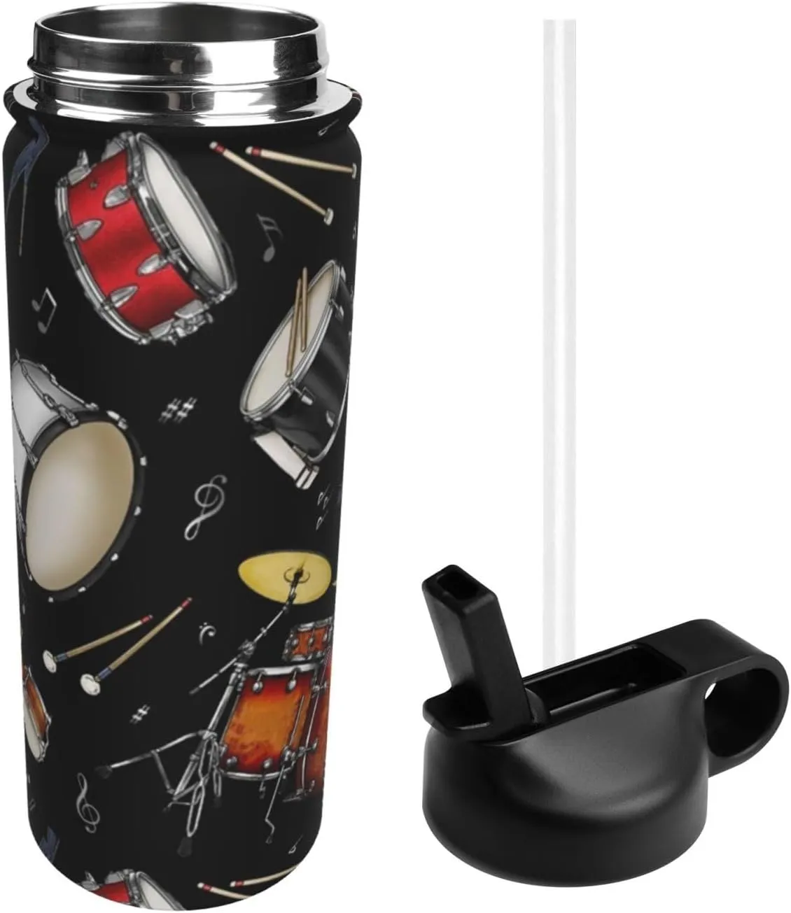 Water Bottle for Men Women, 18oz Sports Insulated Kettle With Straw with Times to Drink for Travel Sports Gym, 1 Straw Lid, Rock Drum Stand