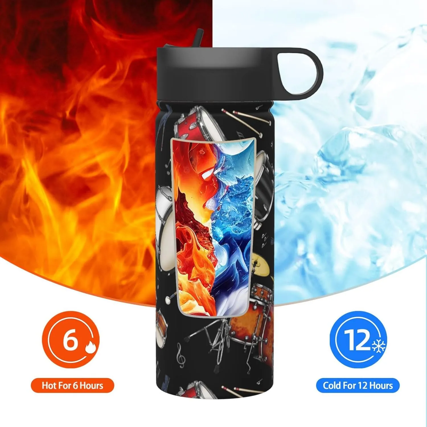 Water Bottle for Men Women, 18oz Sports Insulated Kettle With Straw with Times to Drink for Travel Sports Gym, 1 Straw Lid, Rock Drum Stand