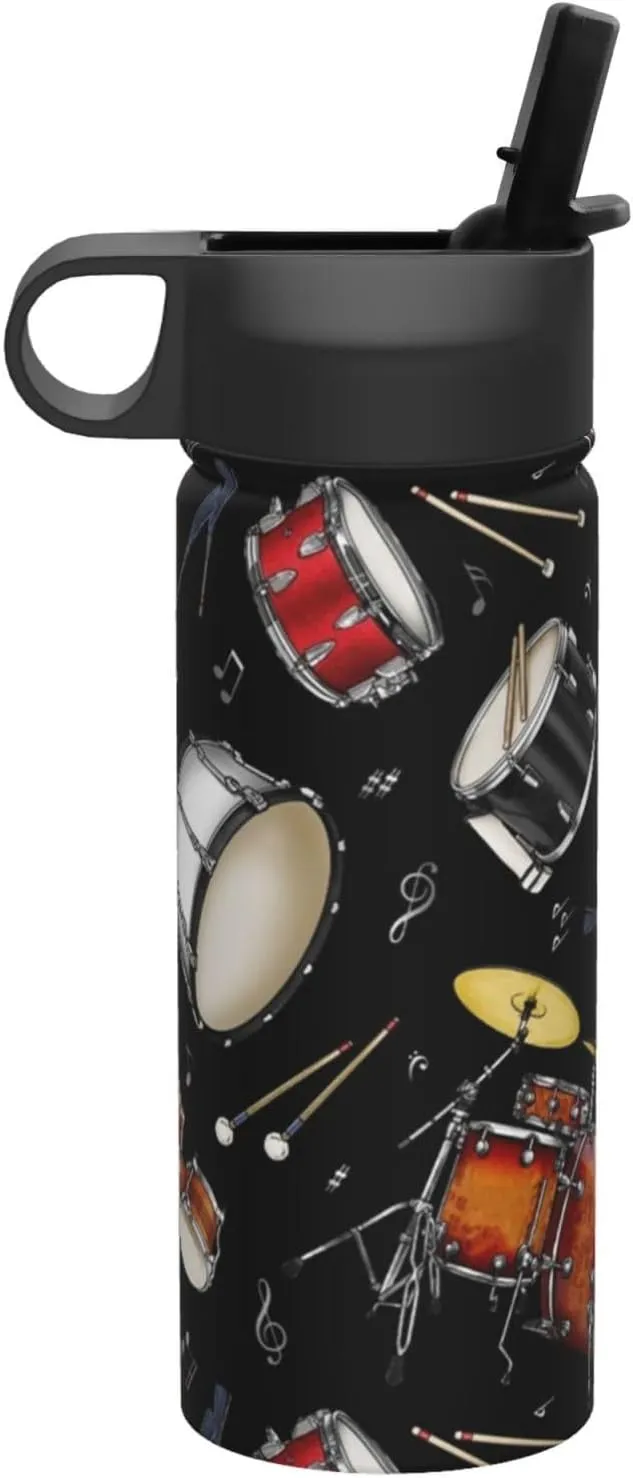 Water Bottle for Men Women, 18oz Sports Insulated Kettle With Straw with Times to Drink for Travel Sports Gym, 1 Straw Lid, Rock Drum Stand