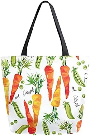 Watercolor Vegetables Large Canvas Tote Bag Heavy Duty Grocery Bag, Orange Carrots Peas Women Casual Shoulder Bag Pocket Reusable Handbags for Travel Beach School Nursing Gift
