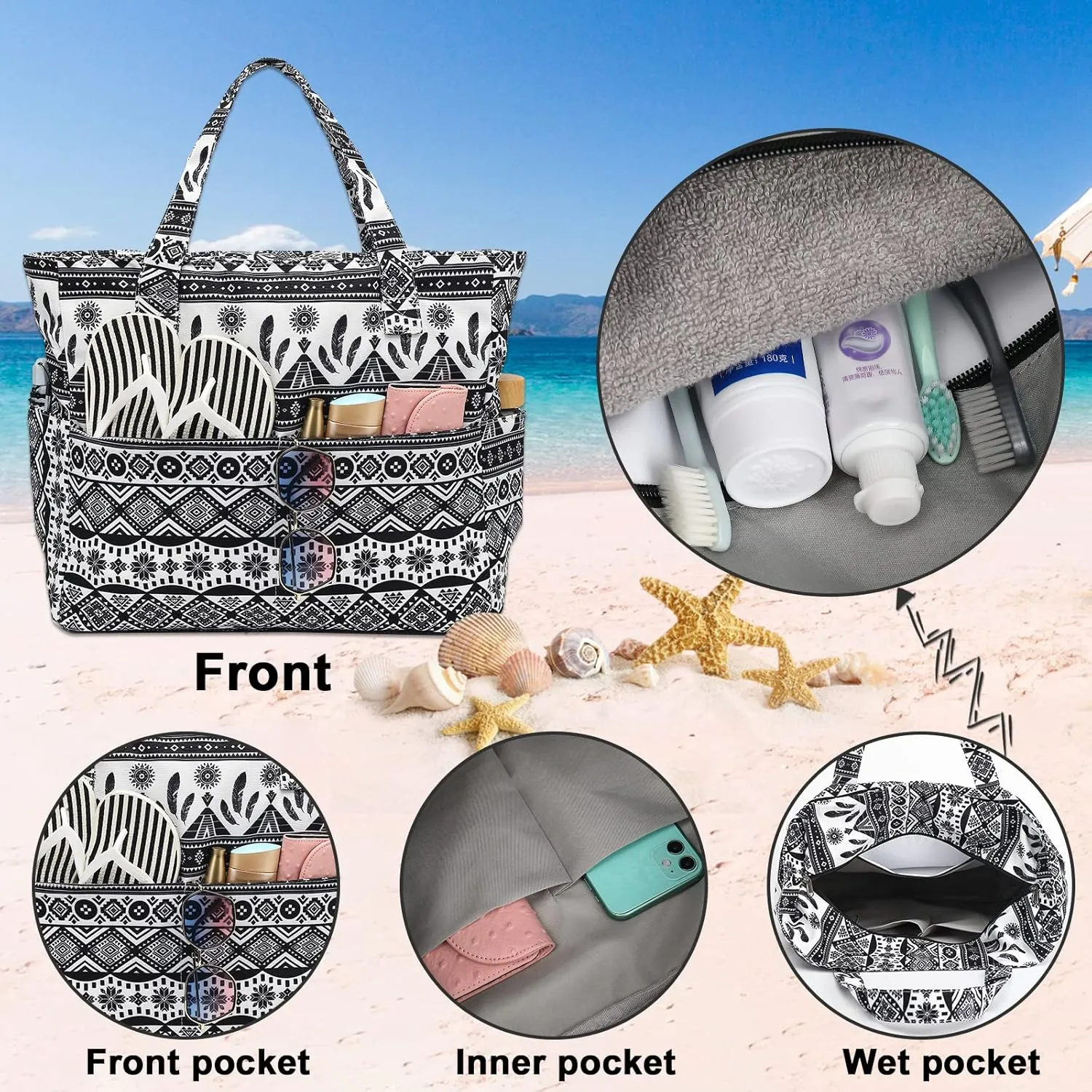 Waterproof Beach Tote Pool Bags for Women Ladies Extra Large Gym Tote Carry On Bag With Wet Compartment for Weekender Travel