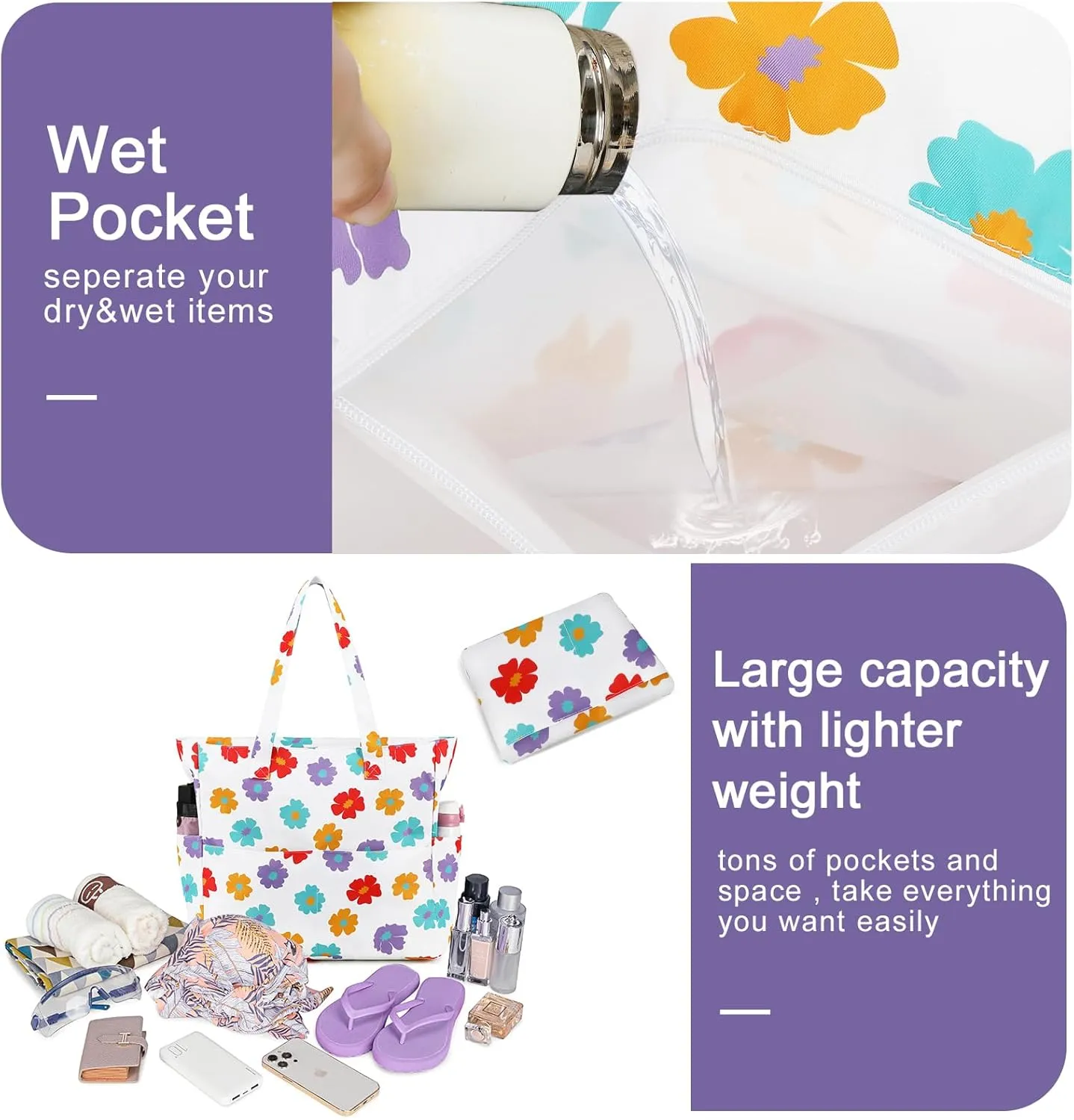 Waterproof Beach Tote Pool Bags for Women Ladies Extra Large Gym Tote Carry On Bag With Wet Compartment for Weekender Travel