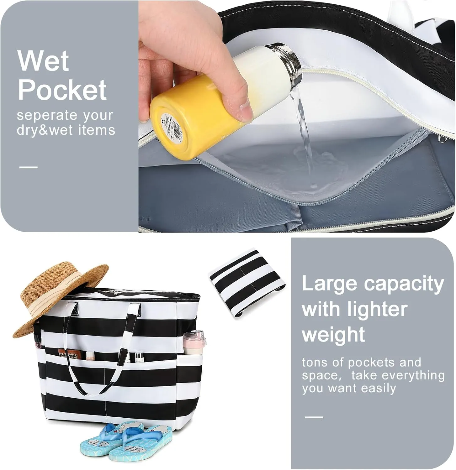 Waterproof Beach Tote Pool Bags for Women Ladies Extra Large Gym Tote Carry On Bag With Wet Compartment for Weekender Travel