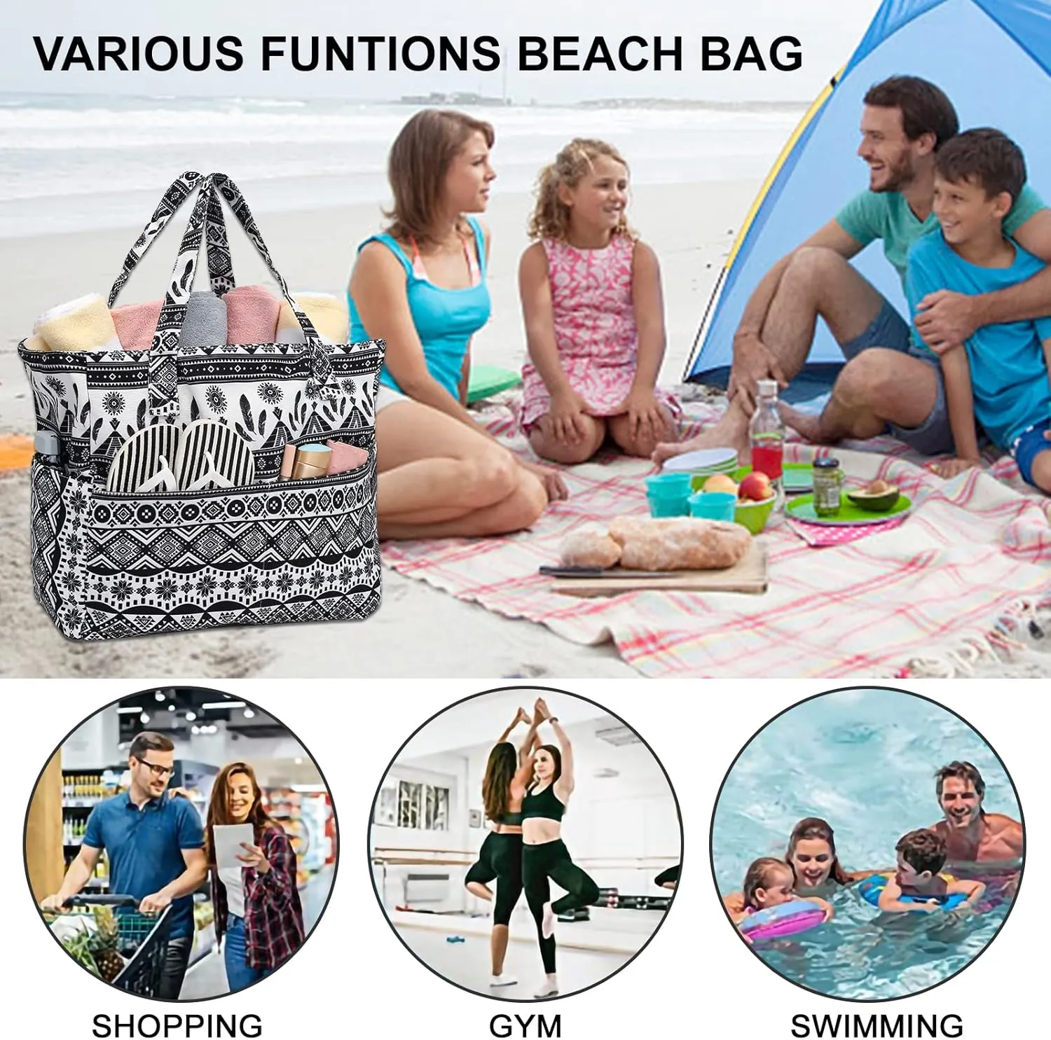 Waterproof Beach Tote Pool Bags for Women Ladies Extra Large Gym Tote Carry On Bag With Wet Compartment for Weekender Travel