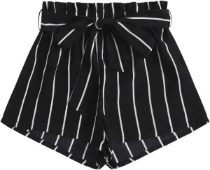 WDIRARA Women's Striped Paperbag Waist Wide Leg Belted Shorts Casual High Waist Shorts
