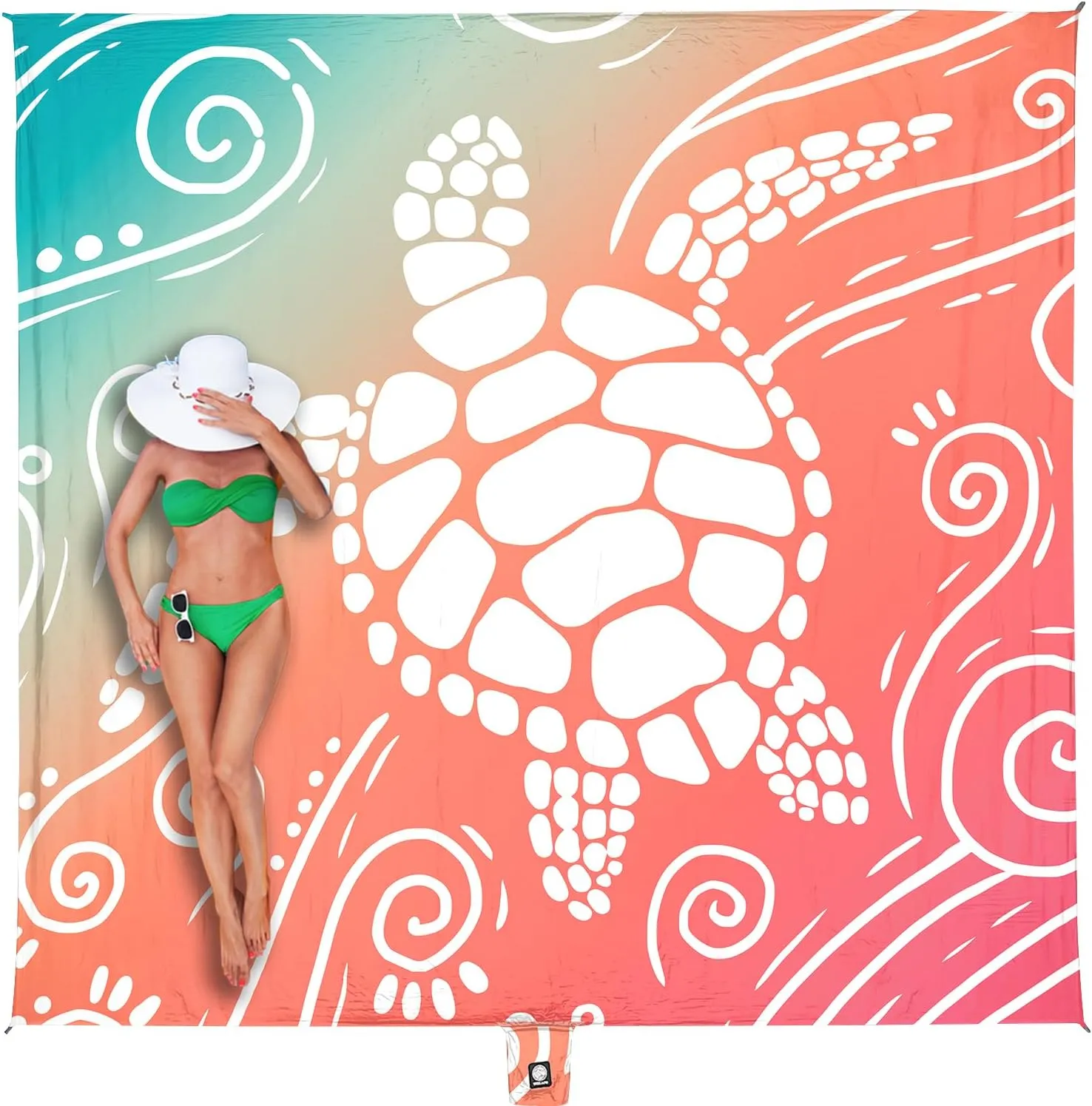 WEKAPO Beach Blanket Waterproof Sandproof Oversized Extra Large Sand Free Beach Mat with Stakes, Storage Bag - Essentials for Outdoor Beach, Picnic (Sea Turtle, 11 X 9 FT (1~10 Person))