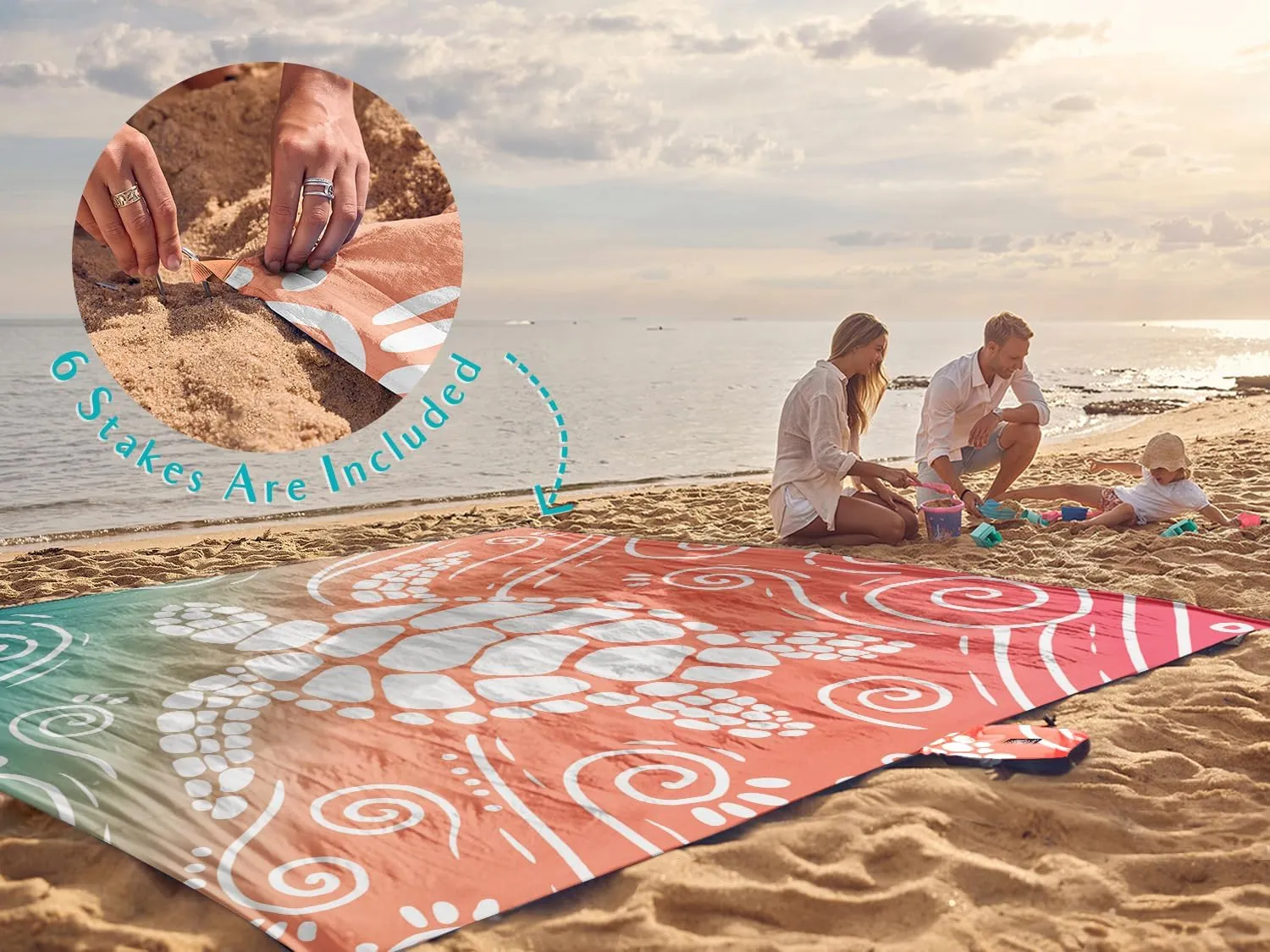 WEKAPO Beach Blanket Waterproof Sandproof Oversized Extra Large Sand Free Beach Mat with Stakes, Storage Bag - Essentials for Outdoor Beach, Picnic (Sea Turtle, 11 X 9 FT (1~10 Person))